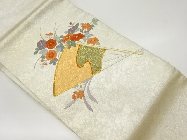 リサイクル　金駒刺繍扇に花々模様名古屋帯